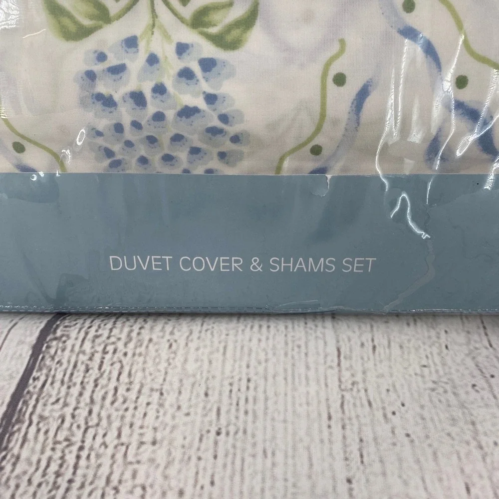 Kassatex Duvet Cover Set KING White Blue Floral Cotton Percale 300TC Hydrangea